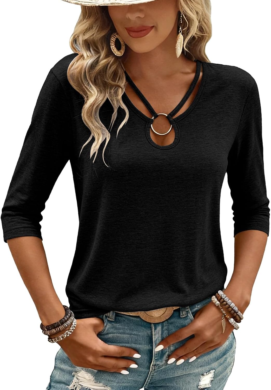 3/4 Length Sleeve Womens Tops Cut Out Ring Keyhole Neck Summer Cute Shirts image 4