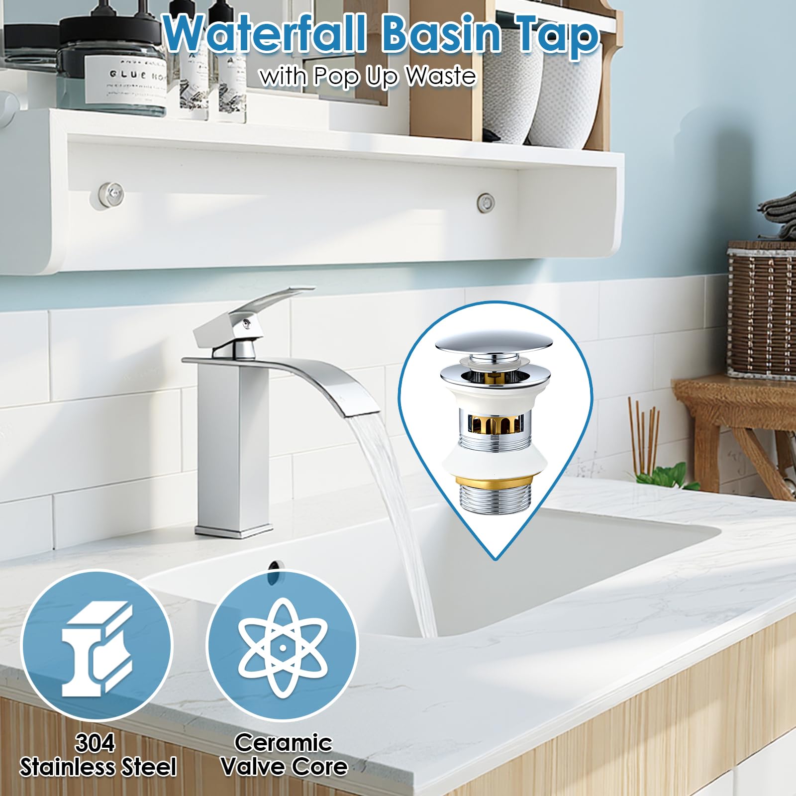 VONATES Bathroom Taps, 304 Stainless Steel Waterfall Tap with Ceramic Valve Cartridge, 60cm G1/2 Hoses, Easy to Install - Image 2