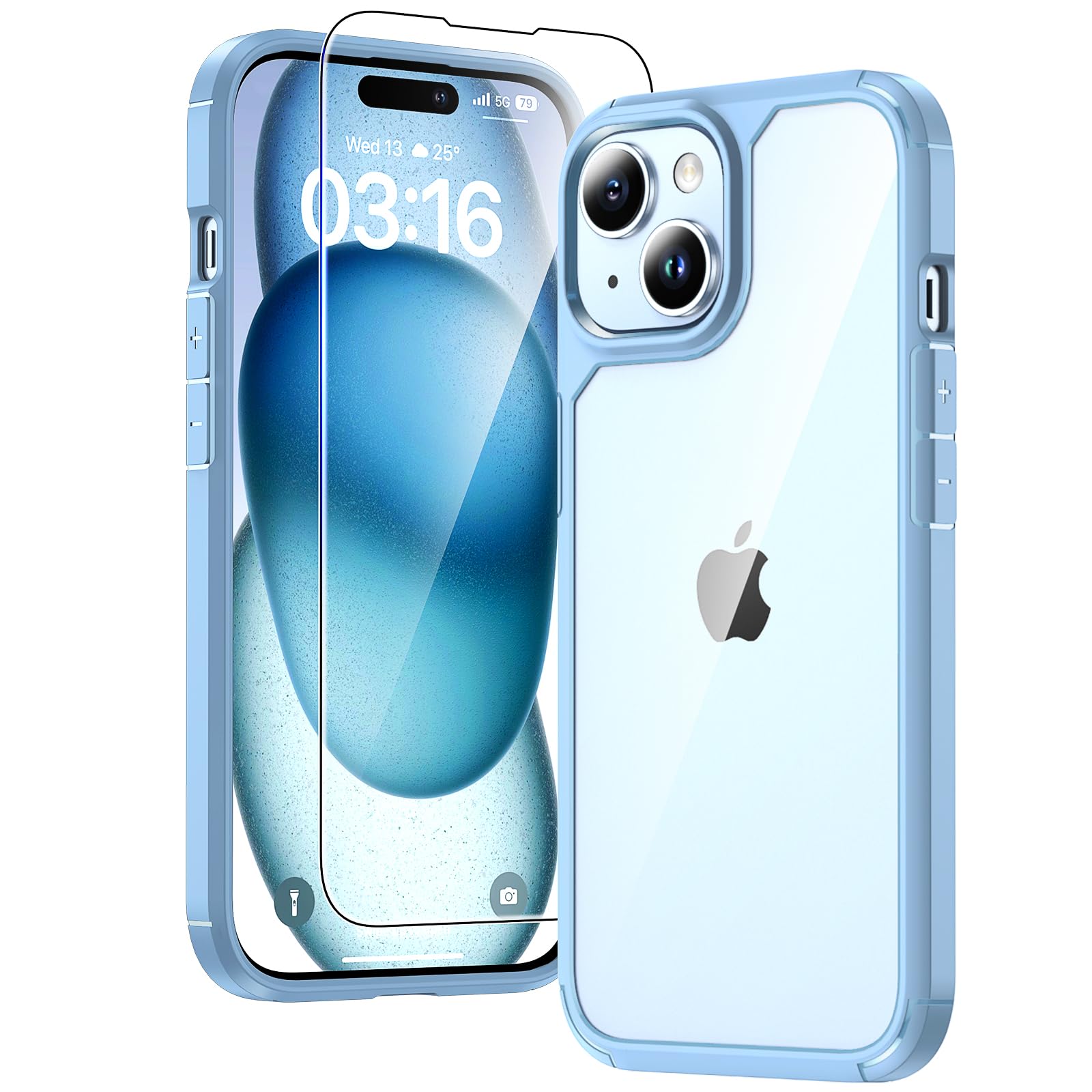 TAURI for iPhone 15 Plus Case, [Not-Yellowing] with Screen Protector, [Militarized Drop Defense] Slim Phone Case 6.7 inch, Light Blue