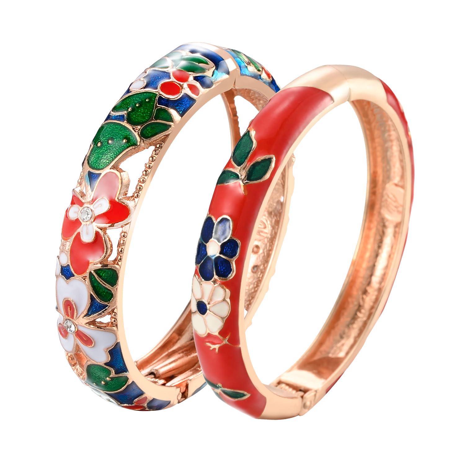 UJOY Vintage Jewelry Cloisonne Handcrafted Enameled Butterfly Flower Gorgeous Rhinestone Hinged Cuff Bracelet Bangles Gifts 88A09