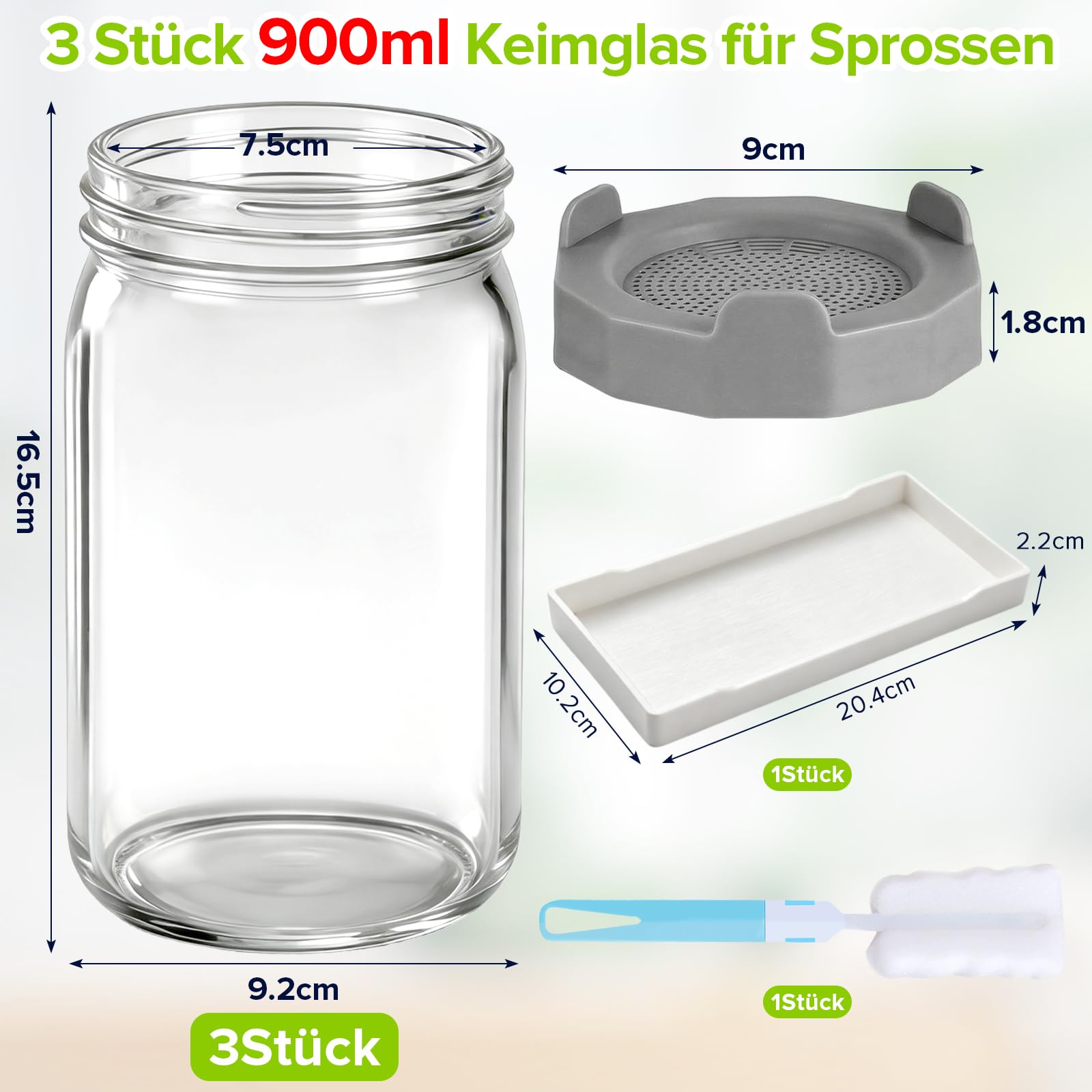 Lot De 3 Bocal De Germination, 900ml Pots Mason à Large Ouverture Couvercles De Germination, Pots De Germination Lot, Plateau à éGouttage Et Brosse Nettoyage, pour La Luzerne Potager Familial