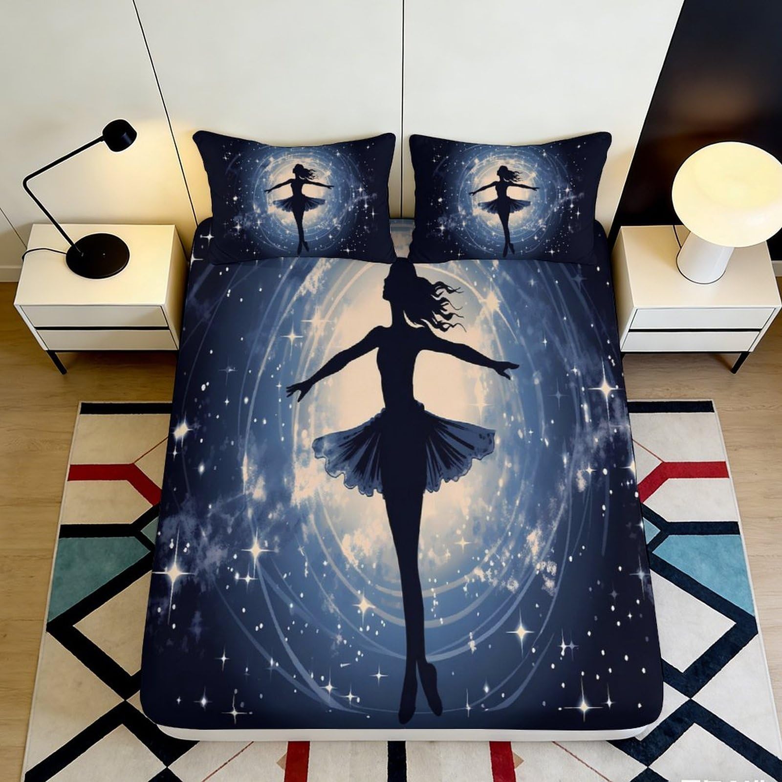3D Printed Ballerina Silhouette Fitted Sheet Microfiber Blue Starry Sky Mattress Cover for Bedroom Dorm Decor 200x200x25cm
