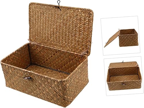 Miniatura 8 de Cesta de almacenamiento de algas marinas tejida a mano con tapa de botón, organizador de escritorio de paja tejida para escombros y accesorios