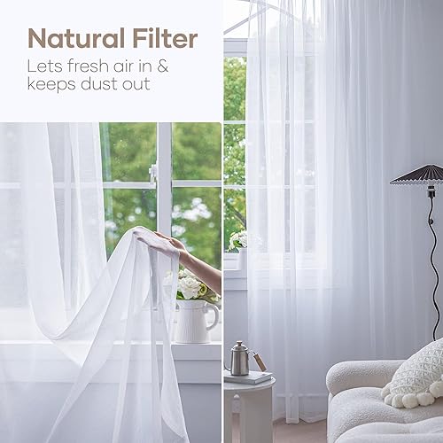 Miniatura 2 de Anjee Juego de 4 paneles de cortinas semitraslúcidas blancas de 84 pulgadas de largo, con bolsillo para barra, cortinas de gasa semitransparentes