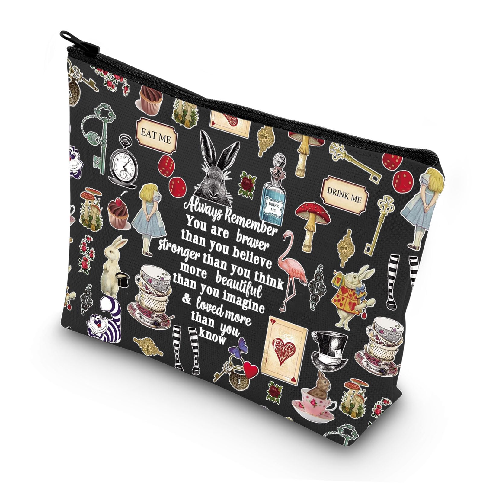 Alice Movie Cosmetic Makeup Bag - Fairy Tale Fans Gift - You Are Braver Stronger Smarter Than You Think - Makeup Zipper Pouch Bag For Women Girls (Full Black)
