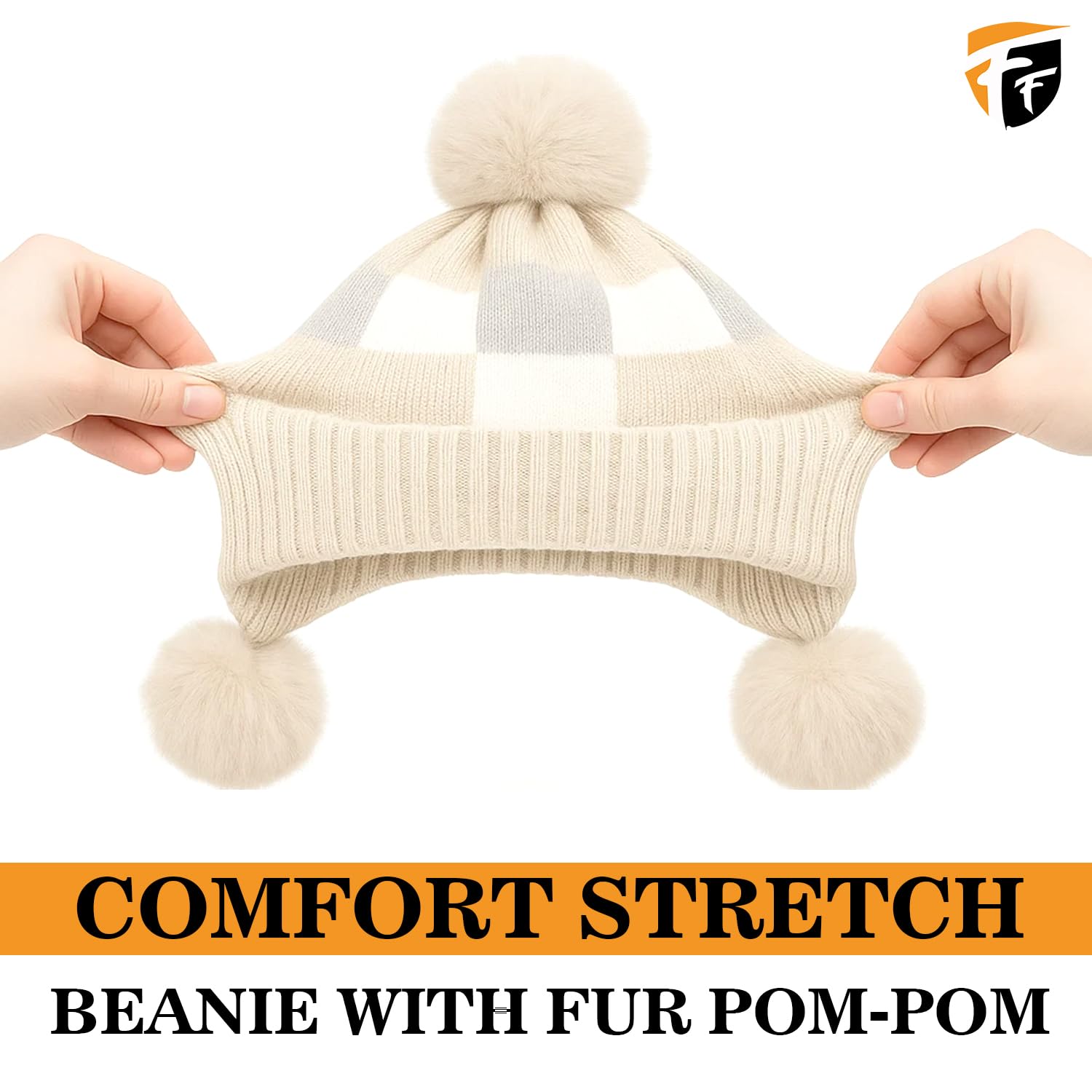 FF Premium Thermal Winter Earflap Pom Pom Beanie Cap for Women Warm Woollen Knitted Winter Cap Soft Fleece Lined Stylish Cold Weather Hat - Beige 2