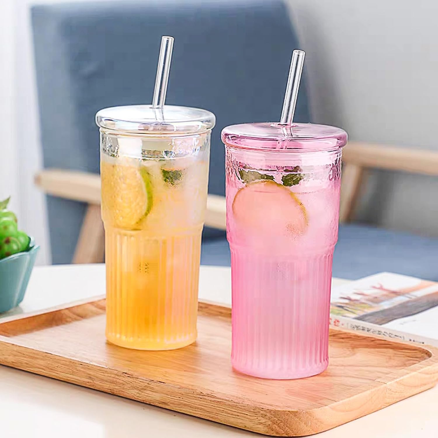 JunVpic Szklane kubki do kawy z pokrywkami i słomkami, 590 ml, różowe szklanki do mrożonej wody, do soku lodowego, herbaty, mleka, smoothie i zimnych lub gorących napojów, zestaw 2 szt
