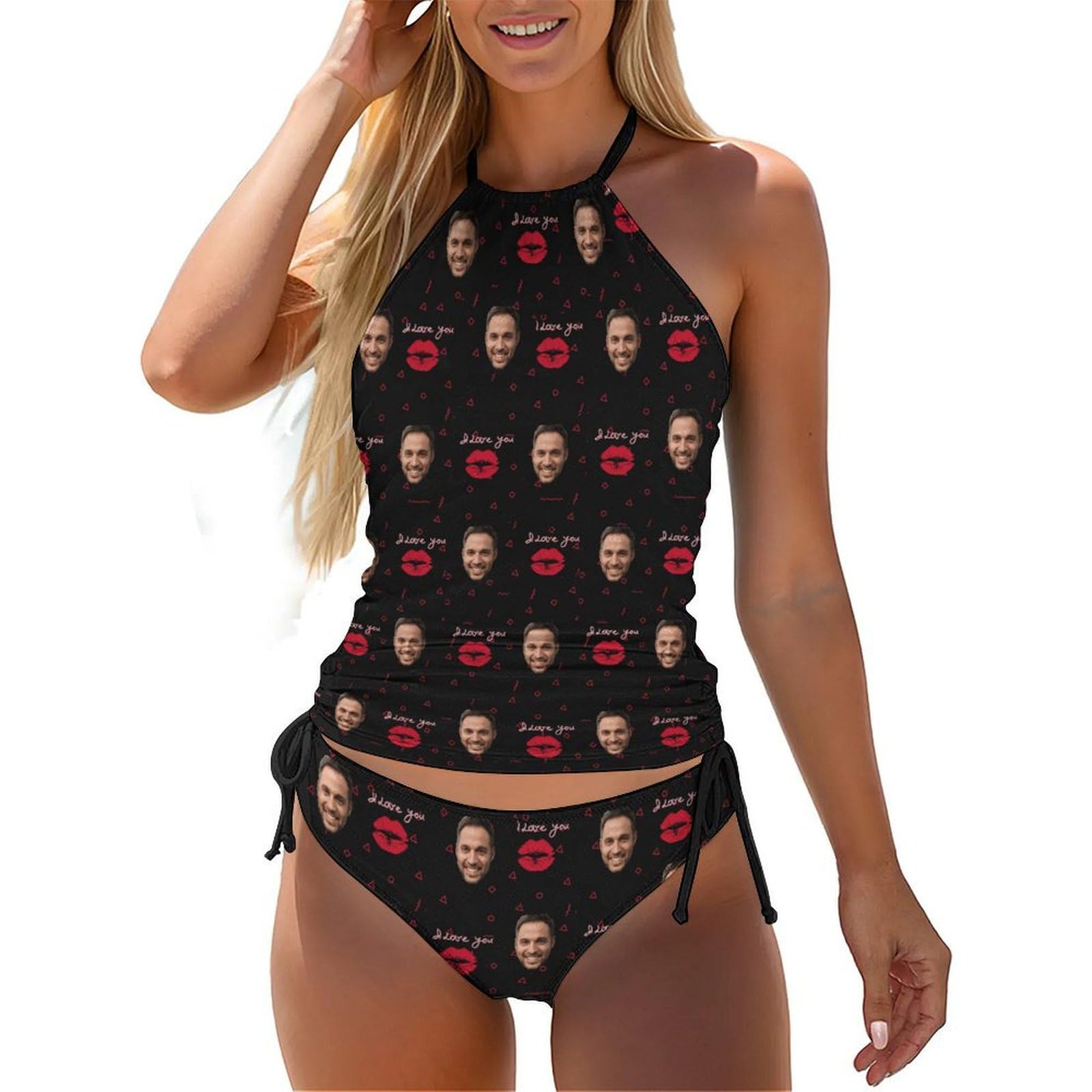 Custom Face Halter Tankini Sets for Women American Flag Two Piece Swimsuits High Neck Drawstring Swim Tops with