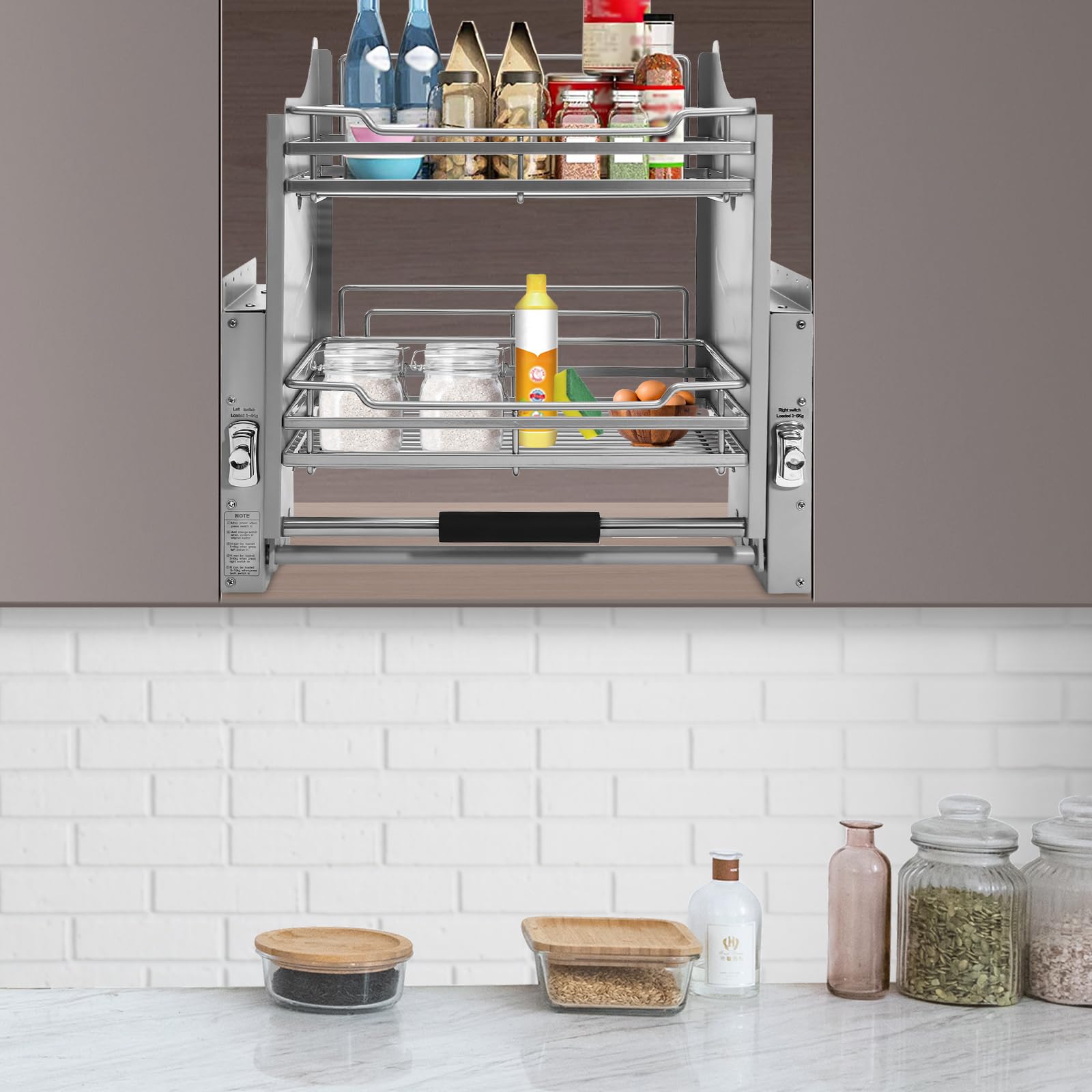 Pull Down Cabinet Organizer | 2 Tier Pull Down Shelf Spice Rack Organizer | Upper Kitchen Cabinet Storage | 45°Door Open Angle | Dark Grey | For Cabinet Interior Width: 22.13-22.44in