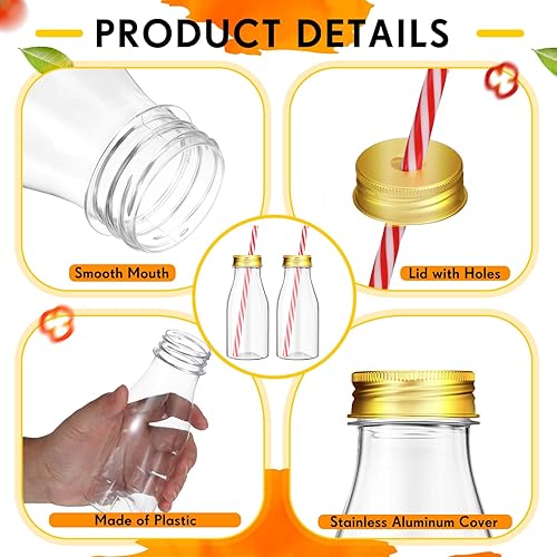 Miniatura 3 de Irenare 40 juegos de botellas de leche pequeñas de plástico con popotes y tapas de metal, botella de plástico transparente para leche láctea,