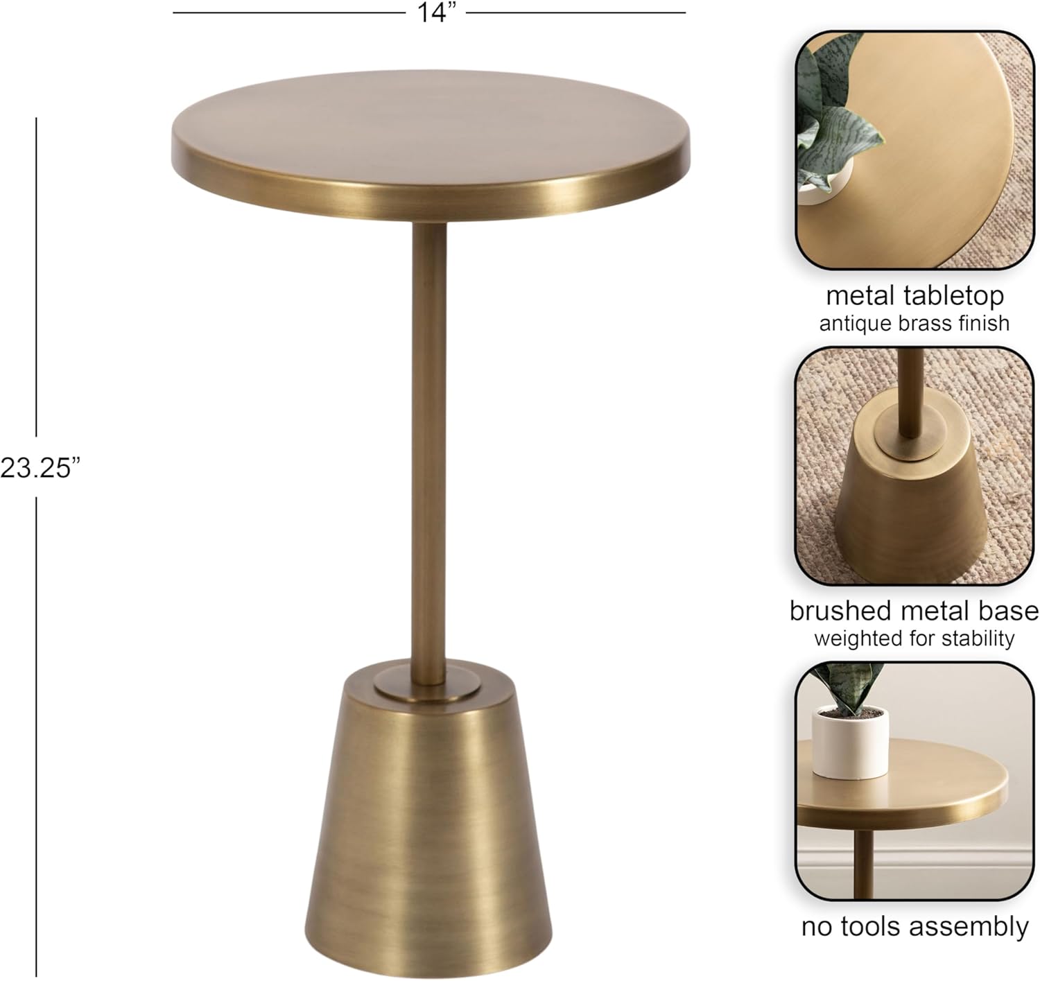 Kate and Laurel Tira Elegant Metal Round Side Table, 14 x 14 x 24, Antique Brass, Vintage Circle End Table for Use as Bedroom Nightstand or Living Room Table Option