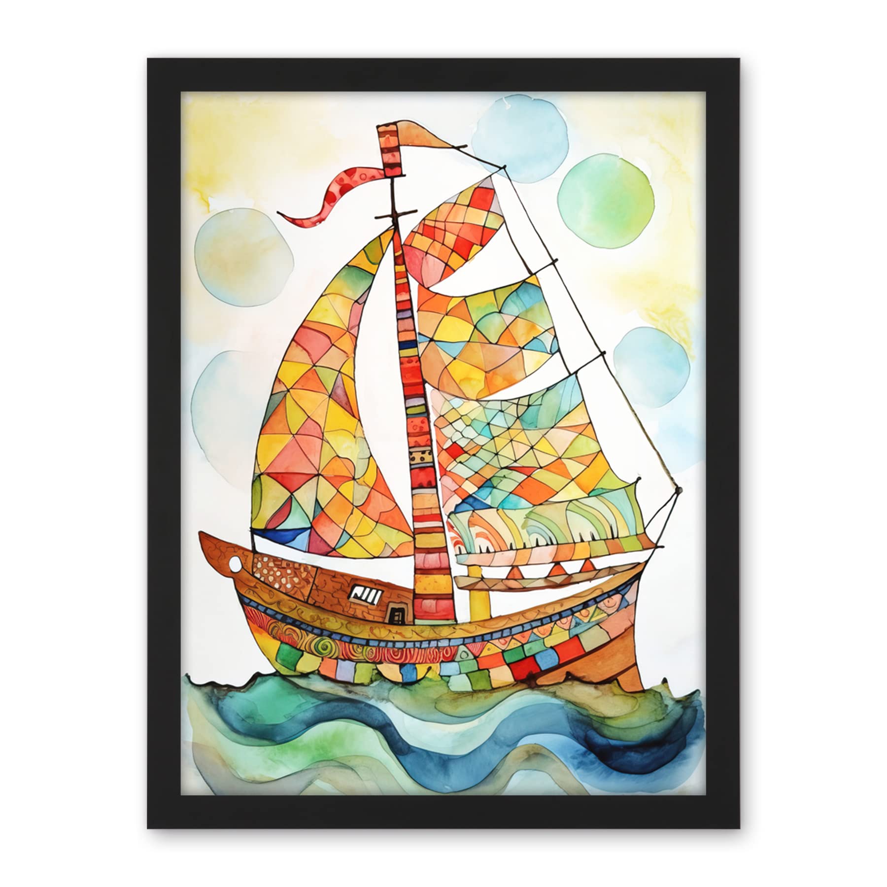 Artery8 Sailing Ship At Sunrise Folk Art Artwork Framed Wall Art Print 18X24 Inch