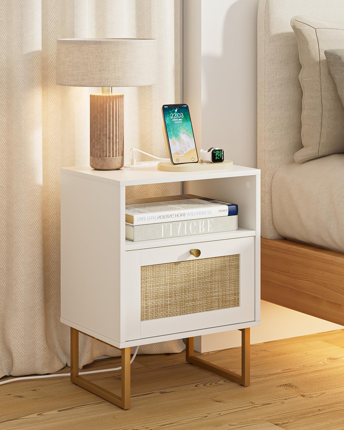 Rattan Nightstand with Charging Station, Boho Night Stand Farmhouse Wood Bedside Table with Storage and Open Shelf, End Side Accent Table for Bedroom,Living Room,White Normal White With Charging Station