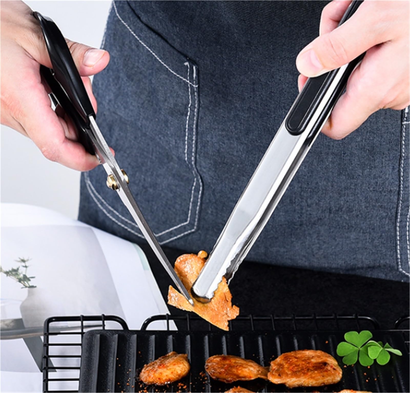 Szczypce Kuchenne Gotowania Silikonowe Szczypce Do Grilla Ze Stali Nierdzewnej W Stylu Koreańskim Do Restauracji Gotującej Jedzenie Szczypce Do Grillowania(Black)