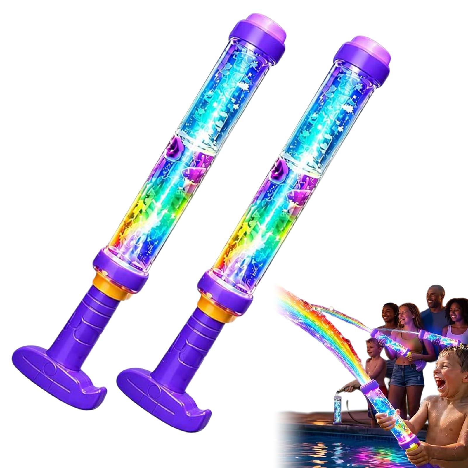 Glowing Rainbow LED Water Blaster,Summer Fun that Pops Like Magic, Pull Push Fireworks Water Blasters Toys for Pool Party Outdoor Summer Water Games (2pcs)
