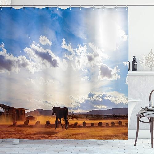 Miniatura 1 de Ambesonne Cortina de ducha occidental, caballo en Monument Valley, cielo abierto, nubes, Arizona América, impresión de paisaje, juego de decoración