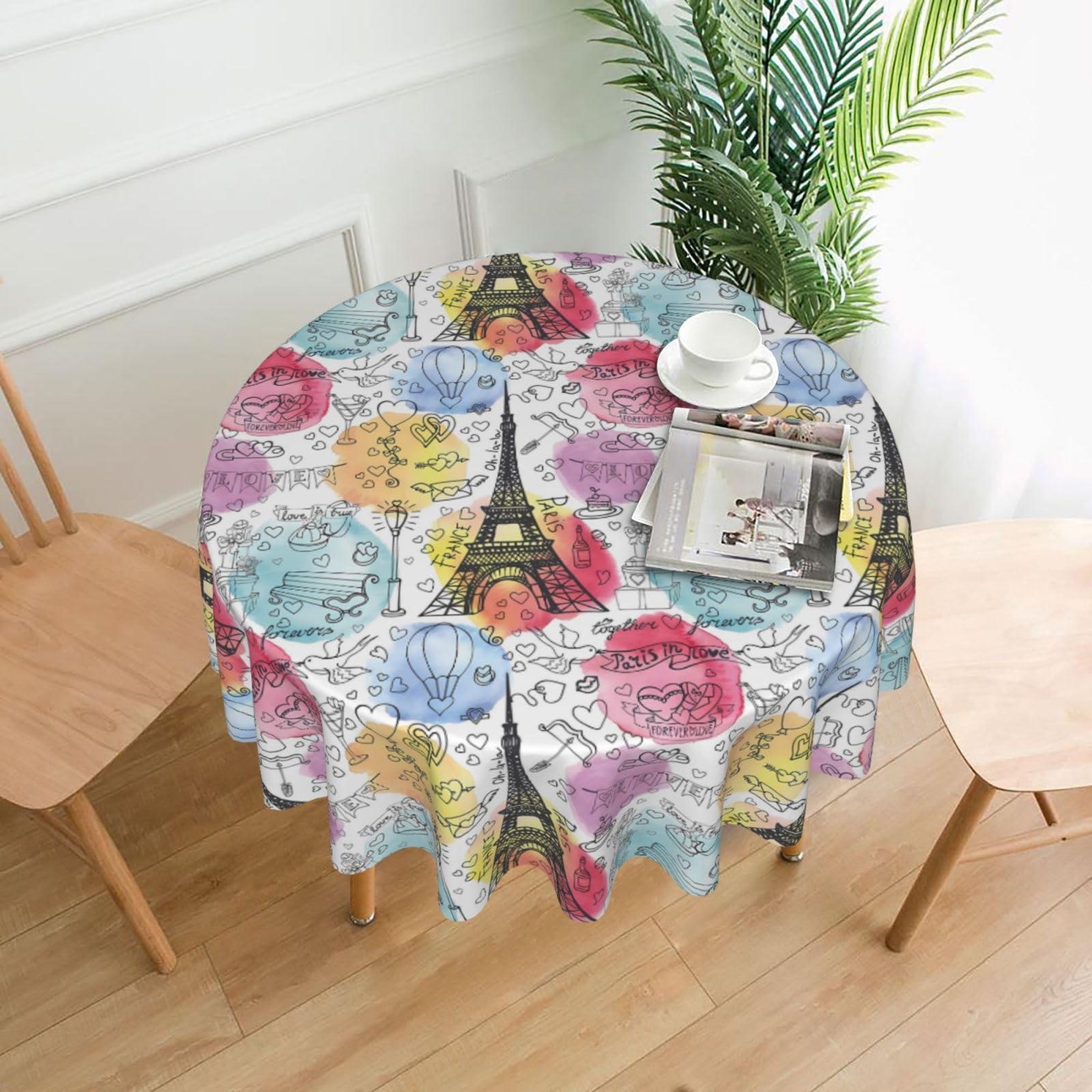 WHJSHOP French Paris Tour Eiffel Tower Prints Round Decorative Tablecloth 60in – High-Grade Polyester Throw Cover for Dining Table Protection & Elegant Home Decor