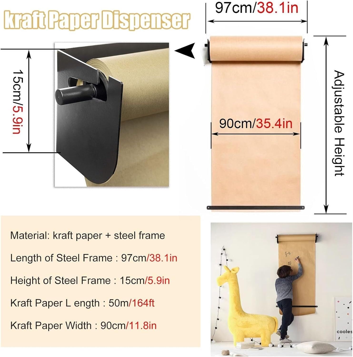 Dozownik papieru rzeźnickiego montowany na ścianie, Dozownik papieru pakowego do montażu na ścianie z obcinarką w różnych rozmiarach(127cm/50in Wide)