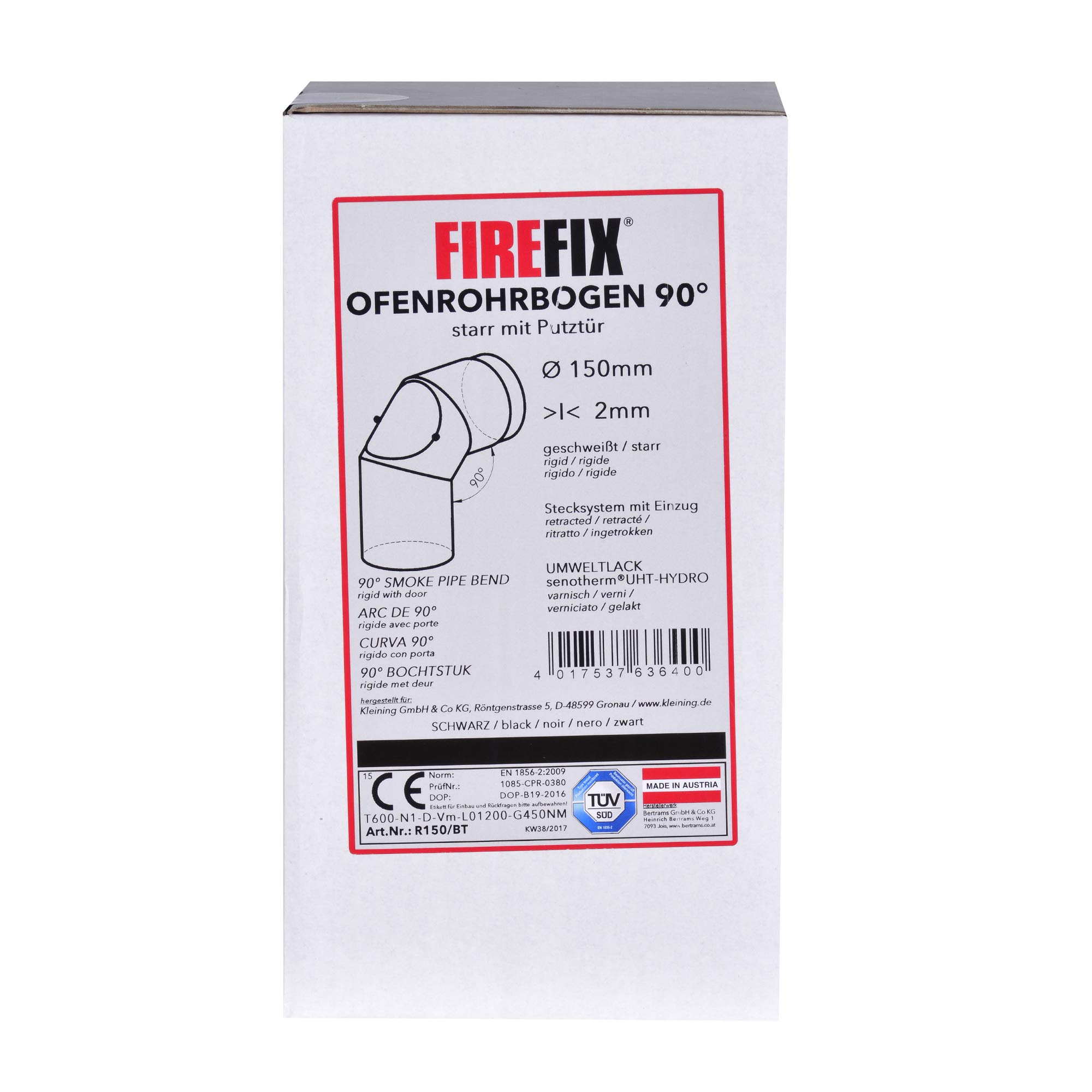 FIREFIX R150/BT - Tubo per stufa, in acciaio spesso 2 mm, diametro 150 mm, per stufe e focolari, Senotherm, nero, 90 gradi, con porta di pulizia