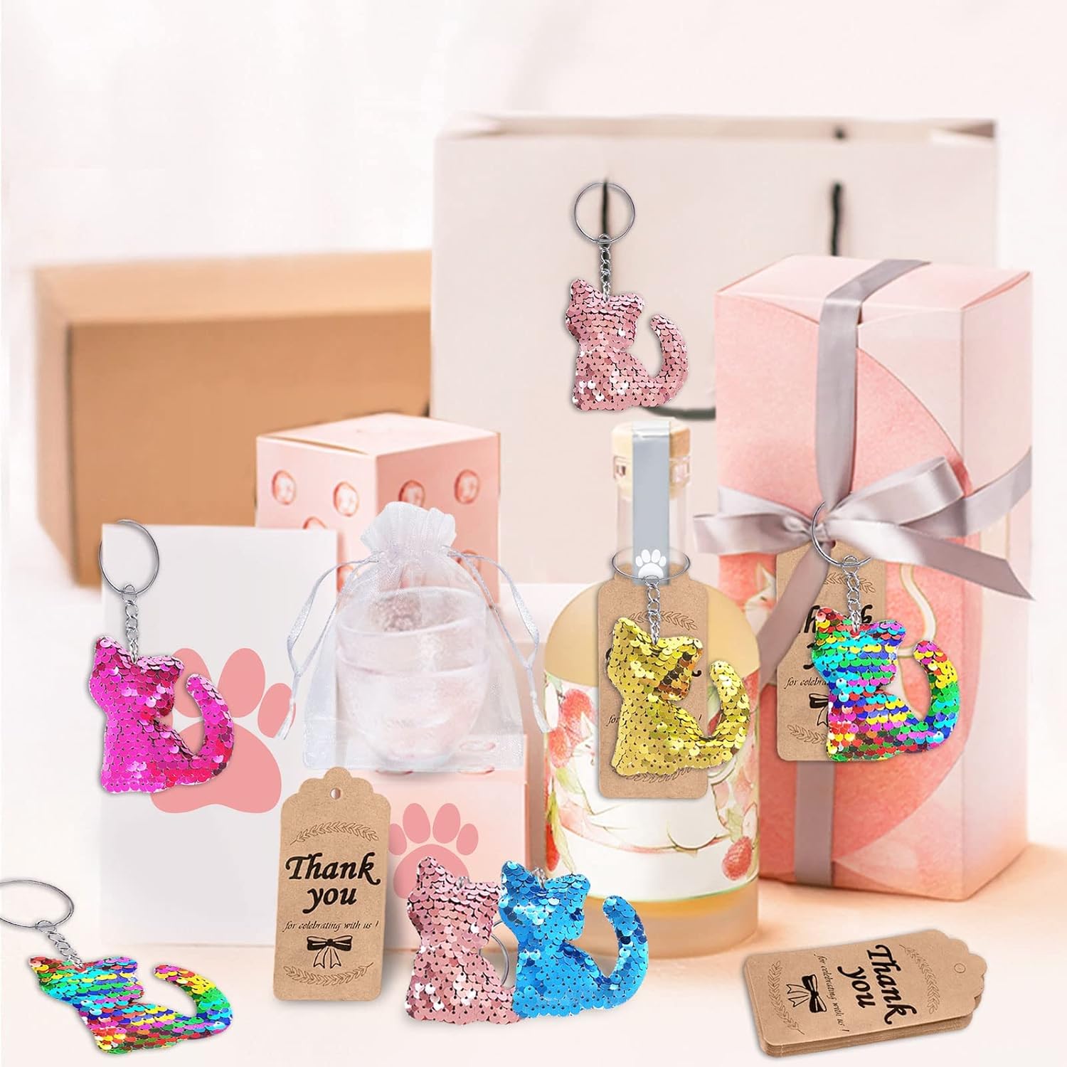 CiciBear 60 Pack Cat Double-Deck Flip Sequin Party Sets with 20 Keychains, 20 Thank You Tags and 20 Bags for Cat Themed Party,Birthday,Carnival, Goodie Bag Stuffers, 5 Colors - Image 3