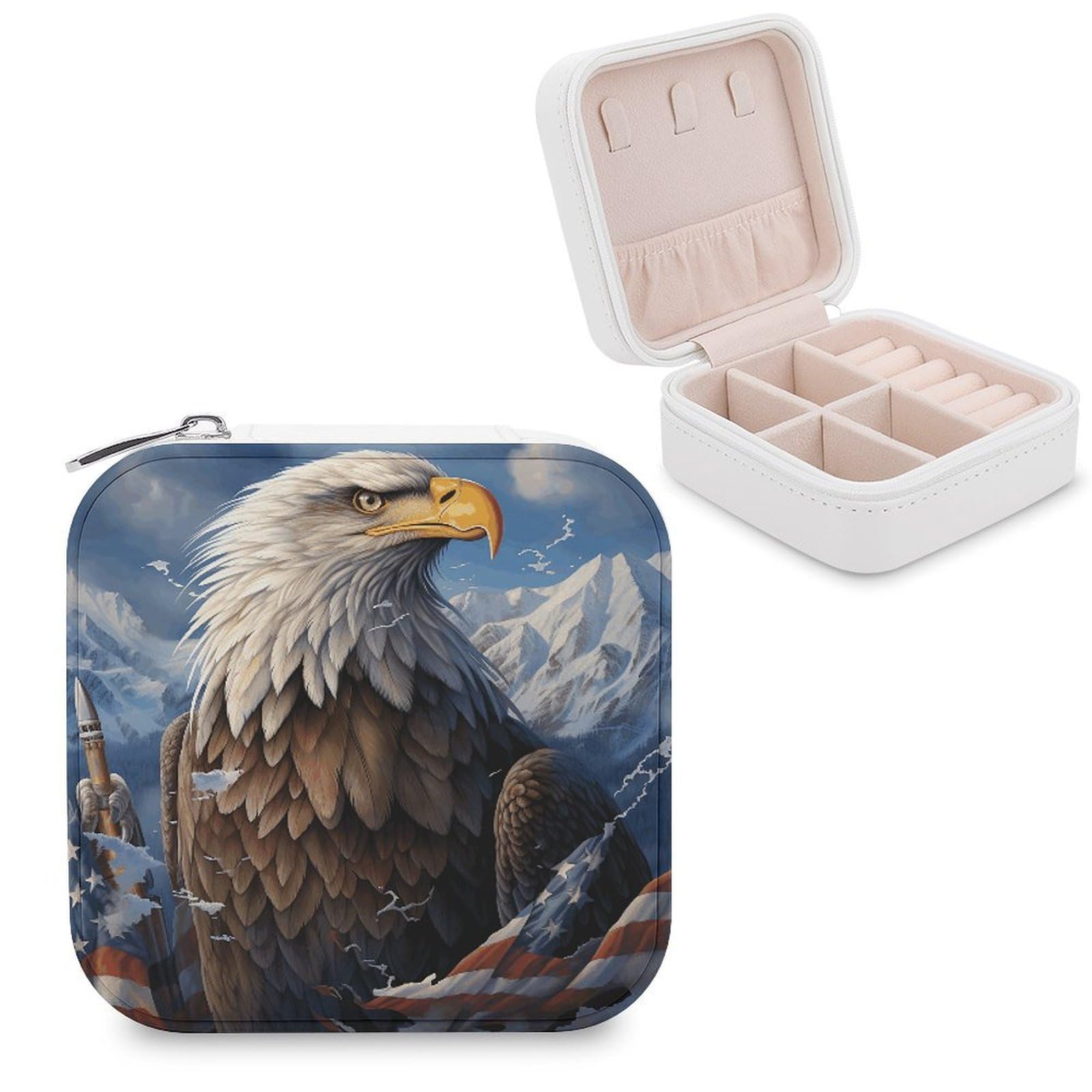 VstaDank Eagle Travel Jewelry Case Zipper Portable Small Jewelry Box Custom Pu Leather Mini Traveling Jewelry Organizer for Rings Earrings Necklace Bracelet Girls Women