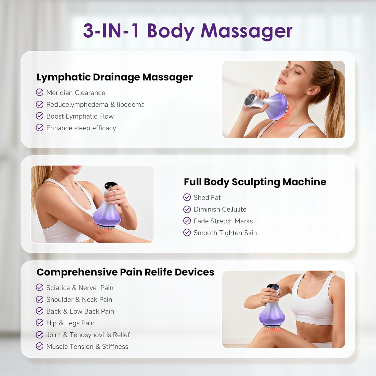 Lymphatic Drainage Massager, Anti Cellulite Massage Tool For Thigh & Belly Stretch Marks & Cellulite Reduction, Handheld Massage tools for Sciatica Nerve, Legs, Arms, Hip, Muscle, Low Back Pain Relief - Image 3