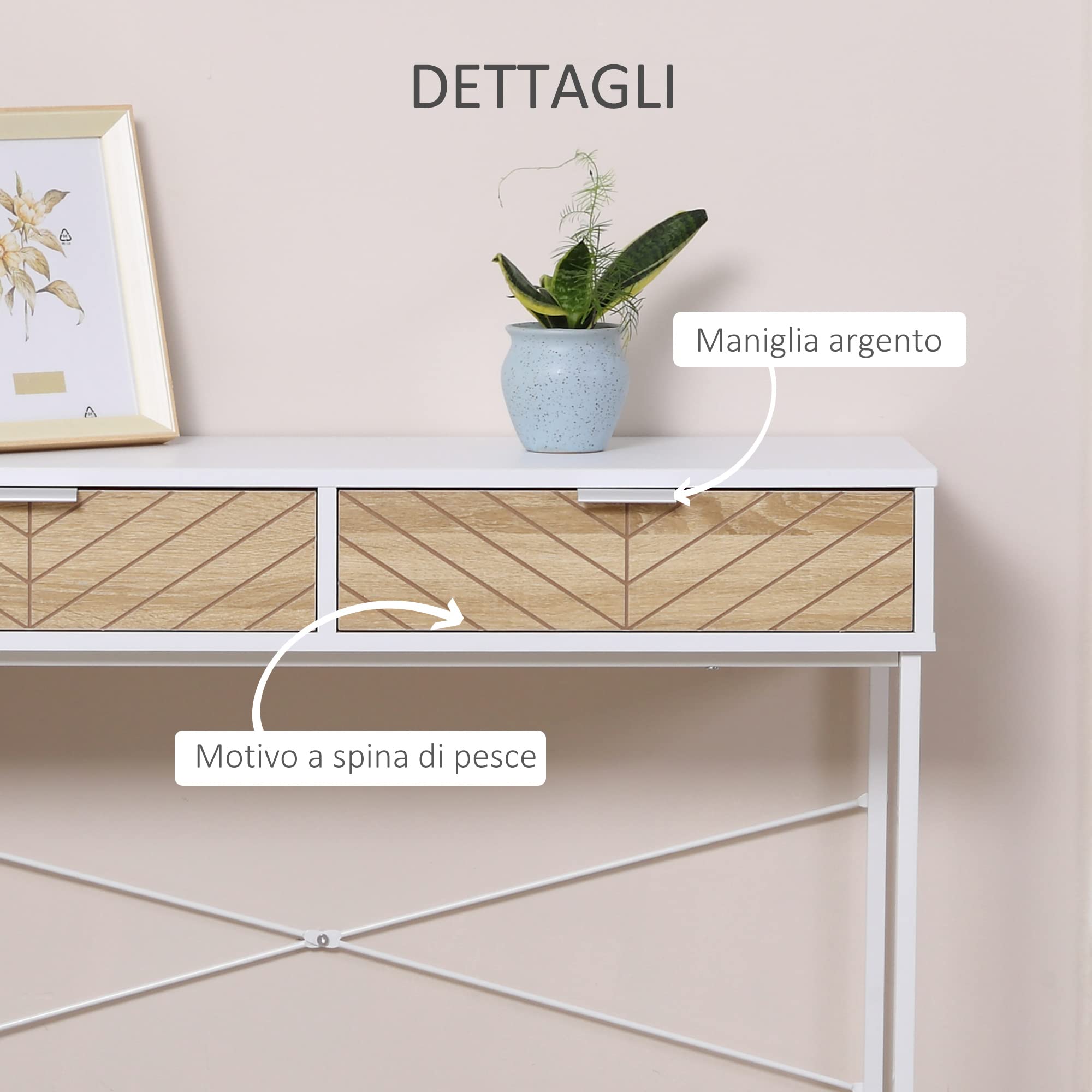HOMCOM Consolle Moderna con 2 Cassetti, Tavolo per Ingresso in Metallo con Struttura Incrociata, Tavolino per Soggiorno, Bianco