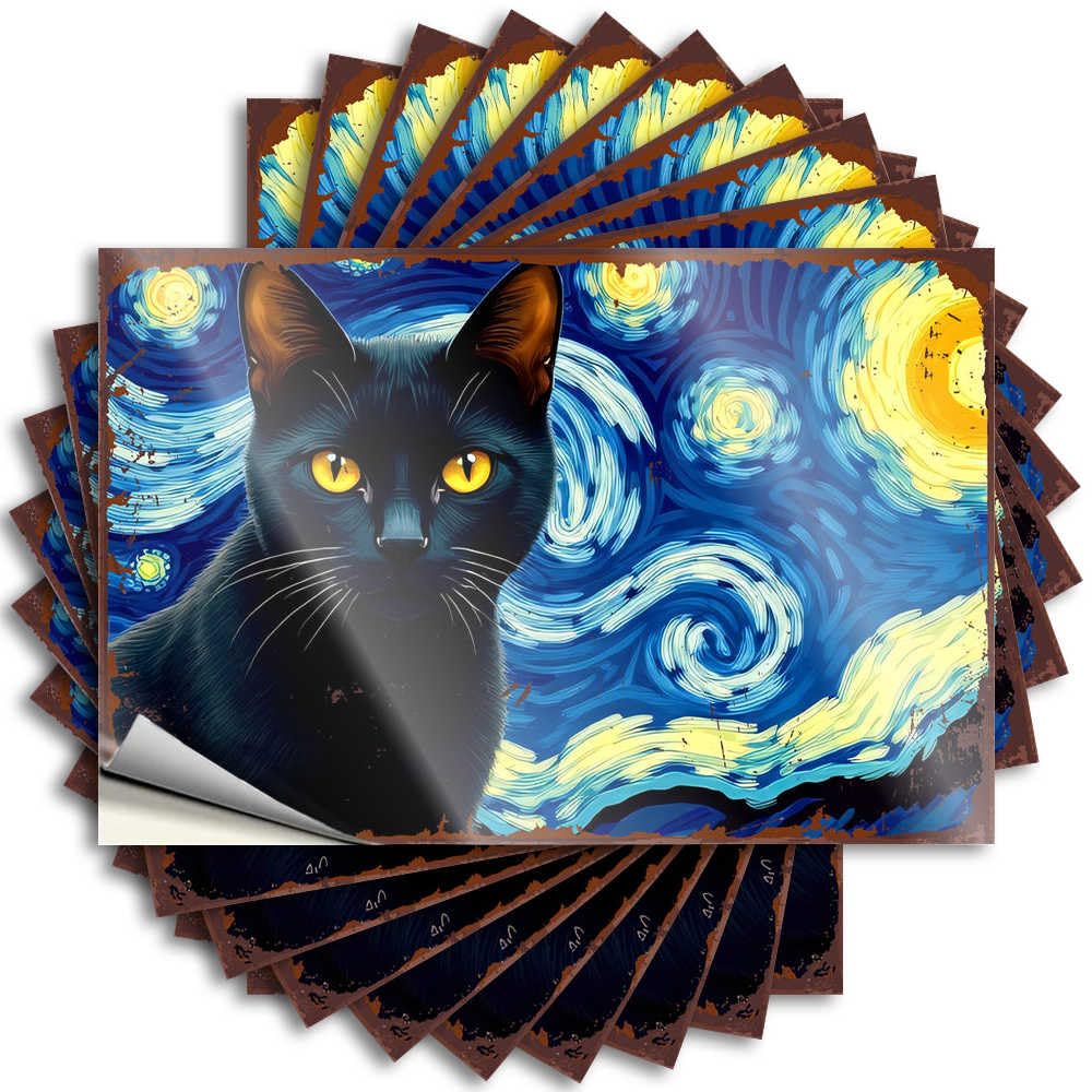 Cozy, Saying Bumper Starry Night Black Cat: A Whimsical Fusion of Art and Feline Char | Alcohol Beer(6X9CM)