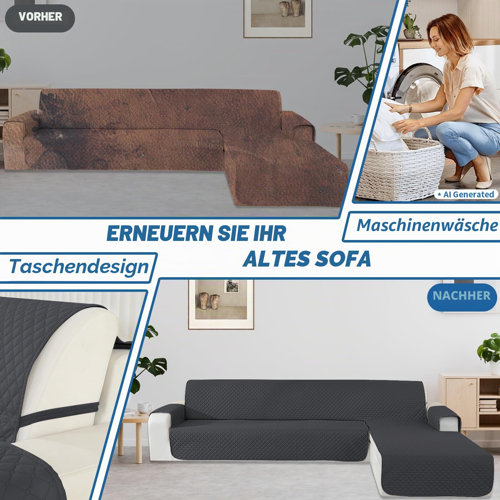 Ystyle Sofabezug L-Form 3 Sitzer, Universal Reversibel Sofa Überzug Für Links/Rechts Halbinsel, Wasserdicht, Kratzfest (255cm, Dunkelgrau)