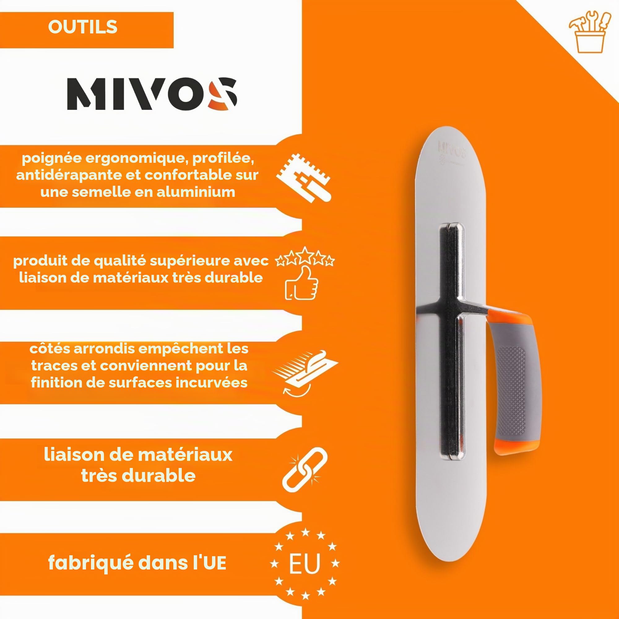 MIVOS Truelle En Acier Inoxydable 375 x 130 mm - demi-ronde - Truelle Avec Poignée Ergonomique - Platoir de Finition pour Travaux de Maçonnerie - Taloche de Lissage - MADE IN EU