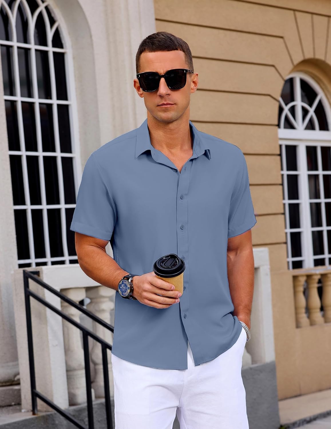 Mens Button Down Short Sleeve Shirt Casual Summer Wedding Untucked Dress Shirts - Image 3