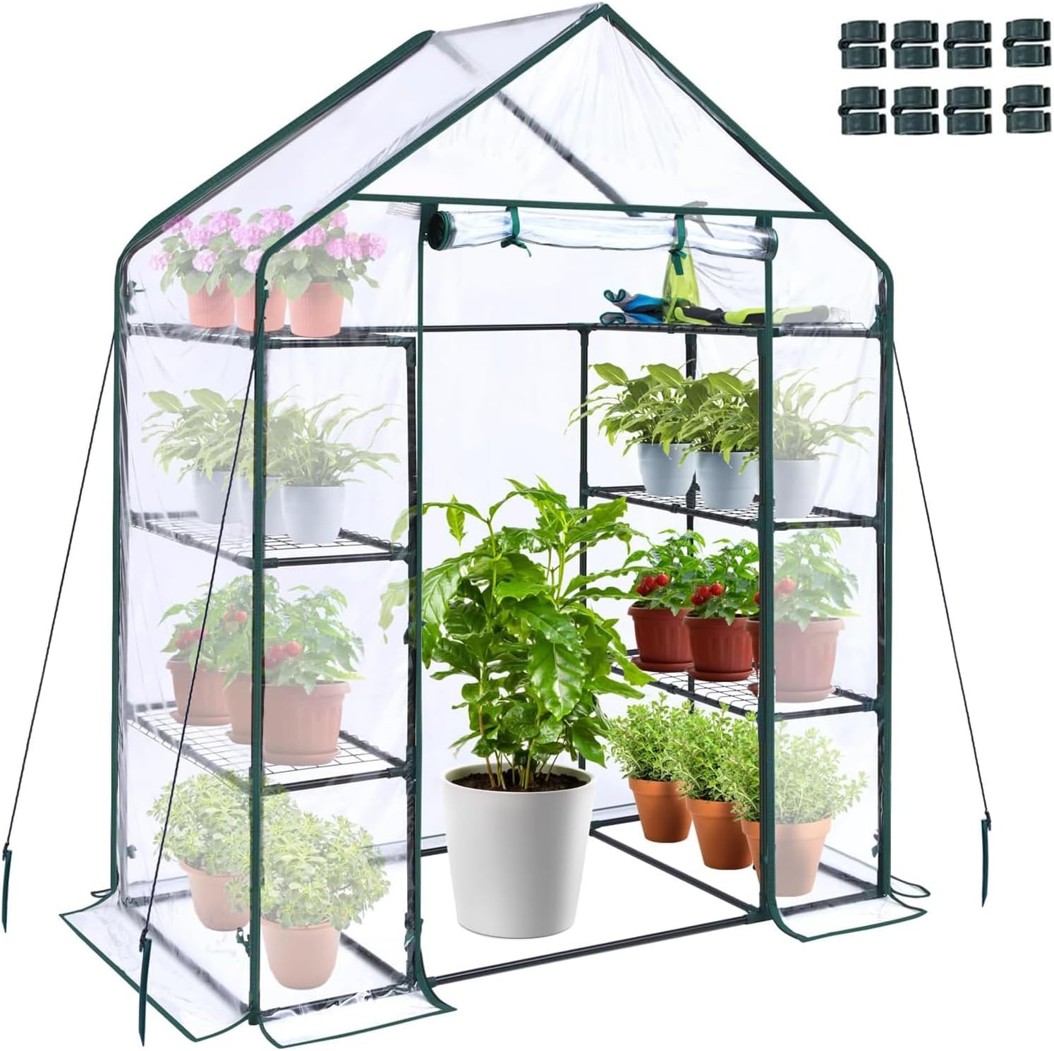 LIODUXGreenhouse for Outdoors with Screen Windows, Walk in Plant Greenhouses Heavy Duty with Durable PE Cover, Plastic Portable Green House with Shelf Clips (white-6-Shelf)