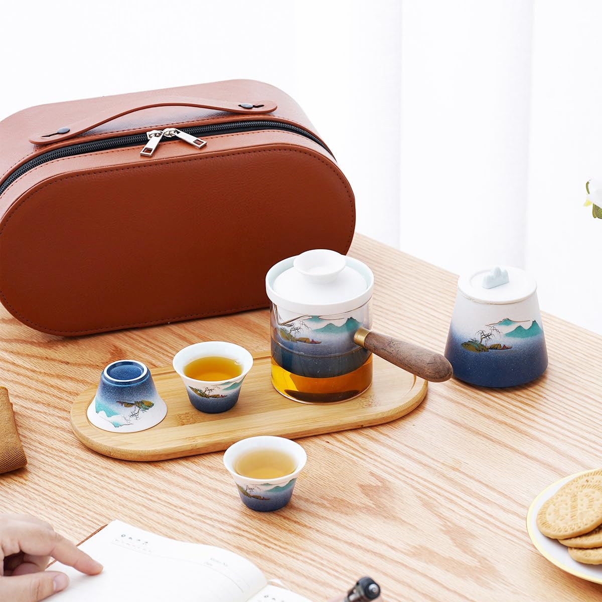 Słoik na cukier ceramiczny pojemnik do przechowywania herbaty, czajniczek do domowego biura z trzema filiżankami i tacą, kreatywne przenośne pudełko na prezent podróżny na herbatę (D)
