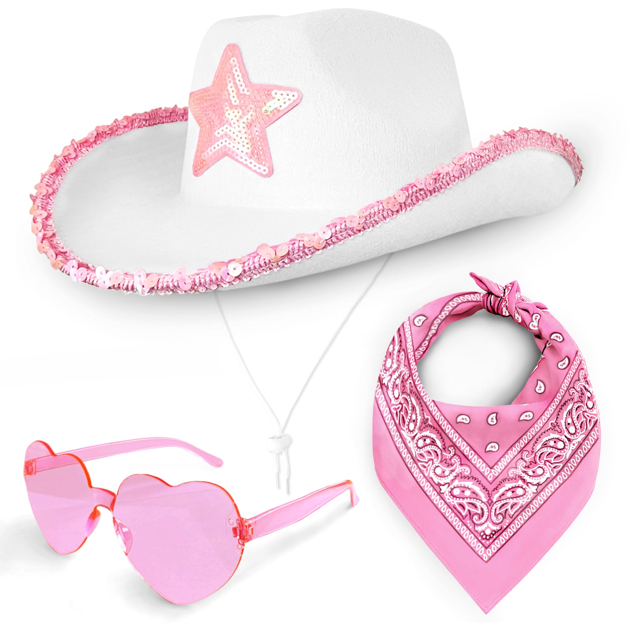 Cowboy Hat 3 Piece Set for Women (White Hat with Pink Star, Pink Paisley Bandana & Heart Sunglasses) Cowgirl Costume Accessories for Fancy Dress Festivals