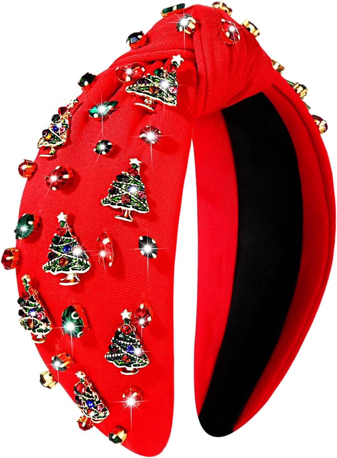 Christmas Headband for Women Jeweled Xmas Tree Headband Embellished Crystal Pearl Knotted Headbands Wide Top Knot Holiday Headband Christmas Hair Accessories Holiday Outfits Gifts (Christmas Tree)