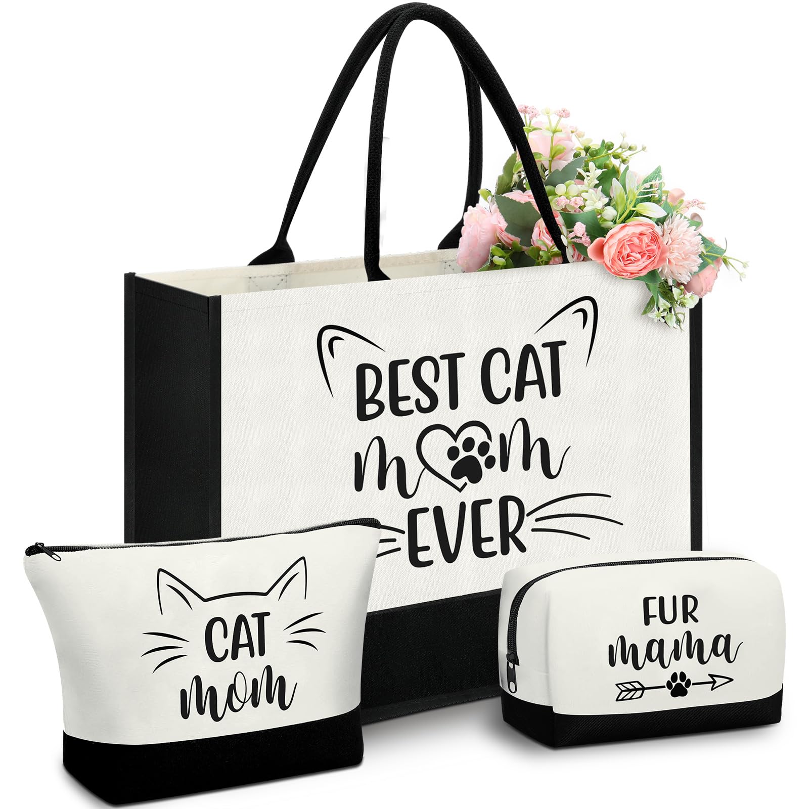 Paterr 3 Pcs Tote & Make up Bag Gifts for Women Mother's Day Canvas Reusable Grocery Bag Birthday Gifts for Lady