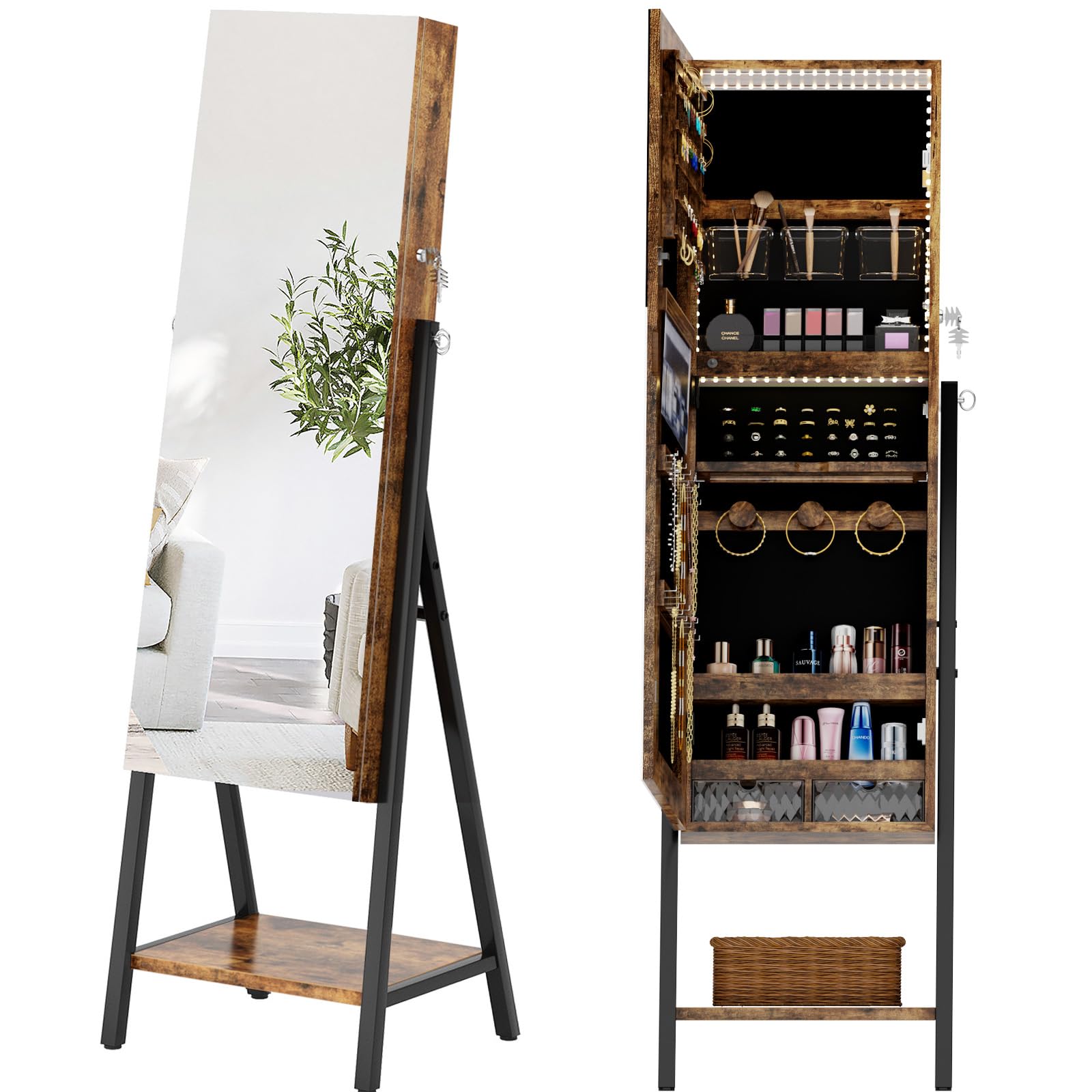 soges Free Standing Jewelry Cabinet Armoire with Storage Shelf, Lockable Jewelry Organizer Cabinet, Full Length Mirror Cabinet Jewelry Chest, Full Mirror Jewelry Holders, Vintage Brown, 10QHXF6252FG-CA