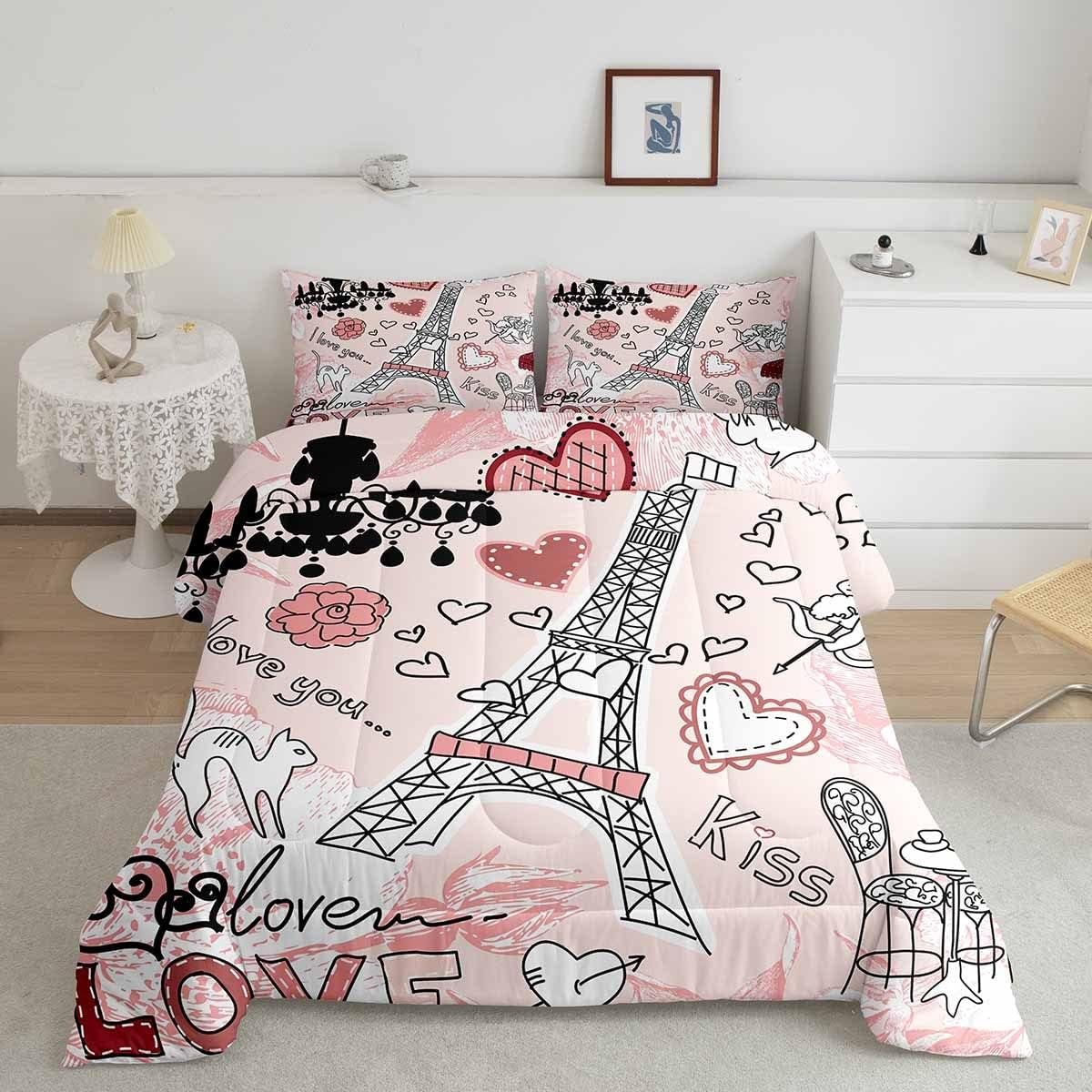 Manfei Eiffel Tower Comforter Set for Kids Room Decor Paris Landmark French Style Bedding Comforter Queen Size Pink Romantic Love Print Valentine's Day Gift Soft Polyester Quilt Set with 2 Pillowcases