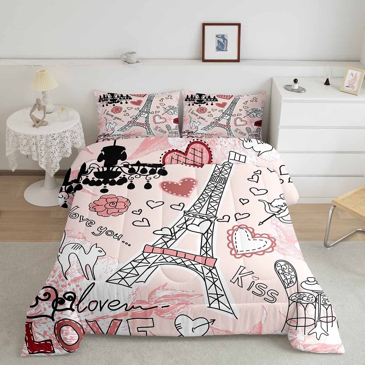 Eiffel Tower Comforter Set for Kids Room Decor Paris Landmark French Style Bedding Comforter Queen Size Pink Romantic Love Print Valentine's Day Gift Soft Polyester Quilt Set with 2 Pillowcases