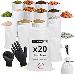 KRUKMAK – Lot de 20 Sacs de Chantier Renforcés Gravat 95x55 cm (Jusqu’à 55 kg) – Usage Professionnel BTP – Polypropylène Tissé Haute Résistance + 20 Colliers de Serrage & Gants – TVA Récupérable