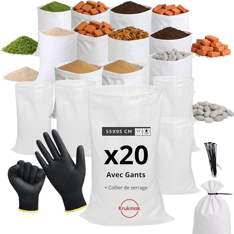 KRUKMAK – Lot de 20 Sacs de Chantier Renforcés Gravat 95x55 cm (Jusqu’à 55 kg) – Usage Professionnel BTP – Polypropylène Tissé Haute Résistance + 20 Colliers de Serrage & Gants – TVA Récupérable