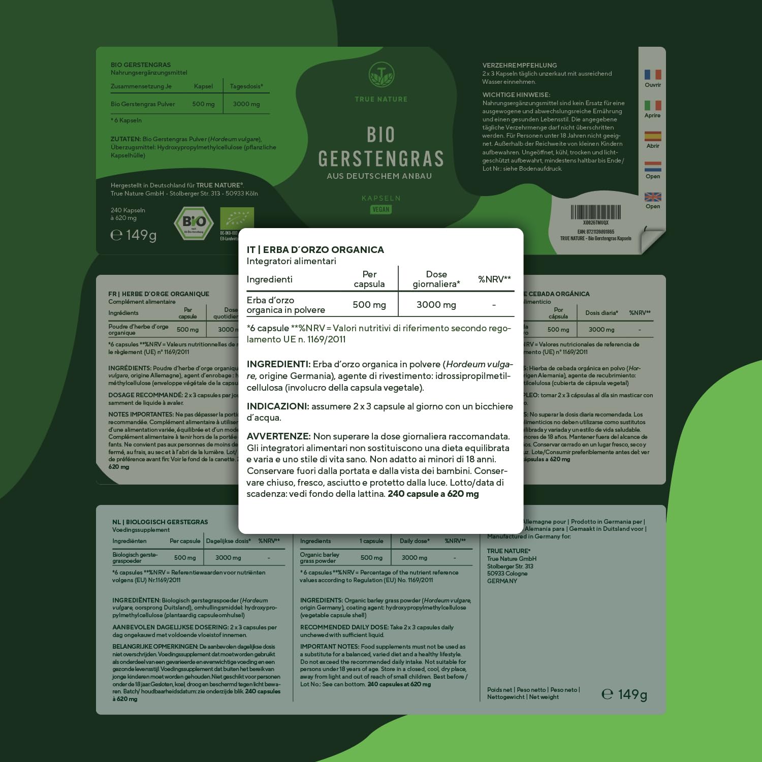 Erba d'Orzo BIO - 240 Capsules - barley grass - 3.000mg altamente misurati per dose giornaliera - Vegan e testato in laboratorio - Coltivazione tedesca - TRUE NATURE®