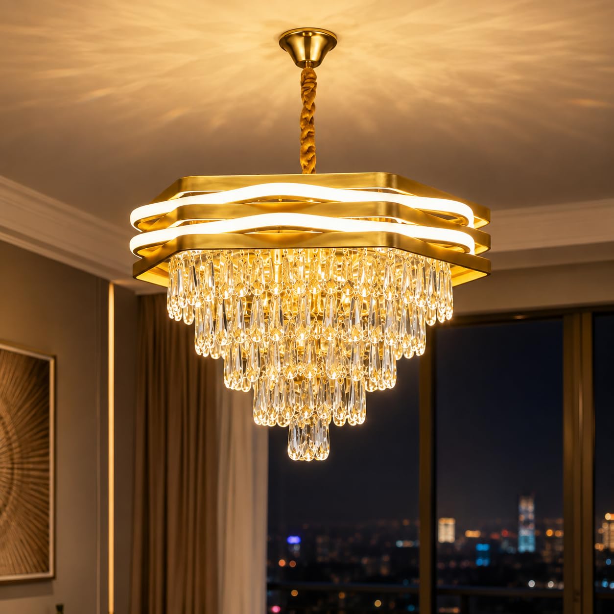 DREAMY DESIGNS Modern K9 Crystal Ceiling Chandeliers with Golden Metal Frame 5-Tier Ceiling Light for Living Room, Dinning Room, Hotel, Restaurants, Bedroom | Round Jhumar 600 MM(Gold, White Light)-image-37