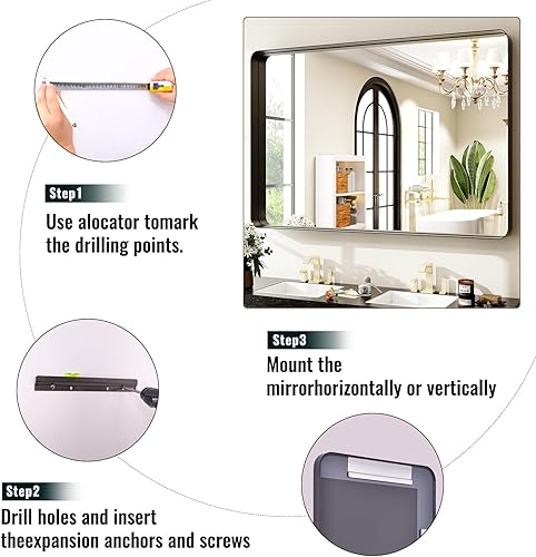 Miniatura 9 de Espejo de baño negro de 36 x 24 pulgadas, moderno espejo rectangular negro para pared con esquinas redondeadas, espejos de baño para tocador, espejo