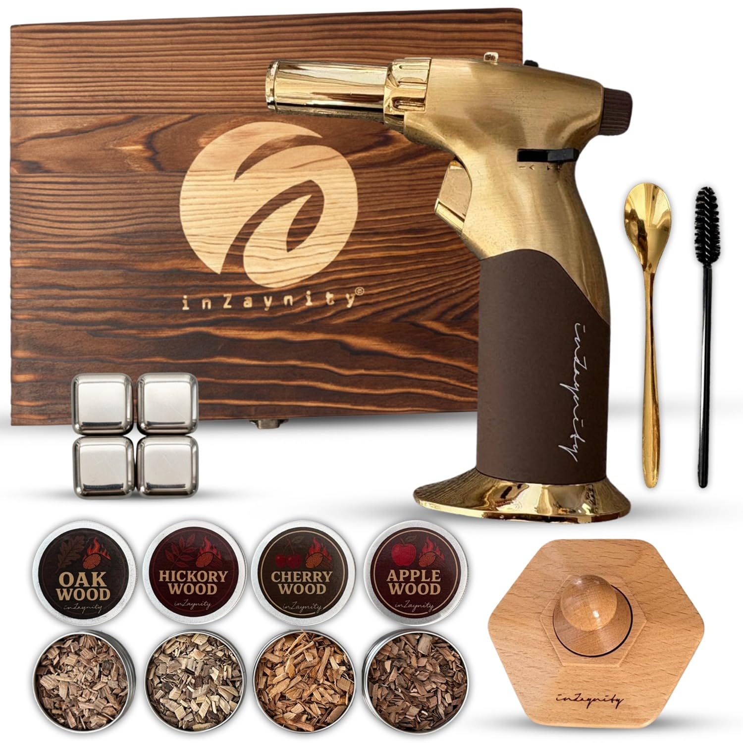 inZaynity® Cocktail Smoker Kit with Torch, Old Fashioned Bourbon Smoker for Drinks, 4 Wood Chip Flavors (Apple, Oak, Cherry, Peach), No Butane