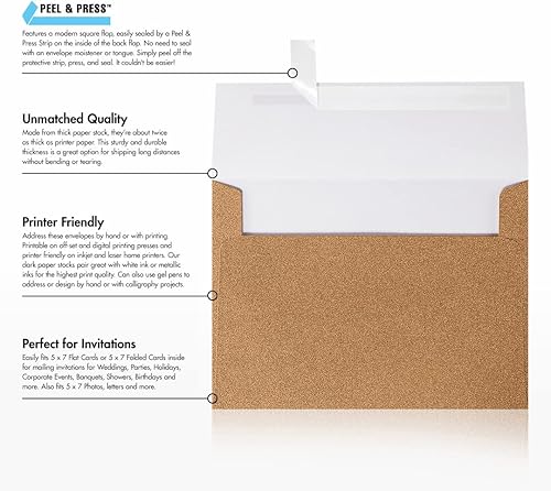 Miniatura 8 de LUXPaper Sobres de invitación A7  Despegar y prensar  5 14 pulgadas x 7 14 pulgadas  Llama metálica  Texto de 80 libras  50 unidades