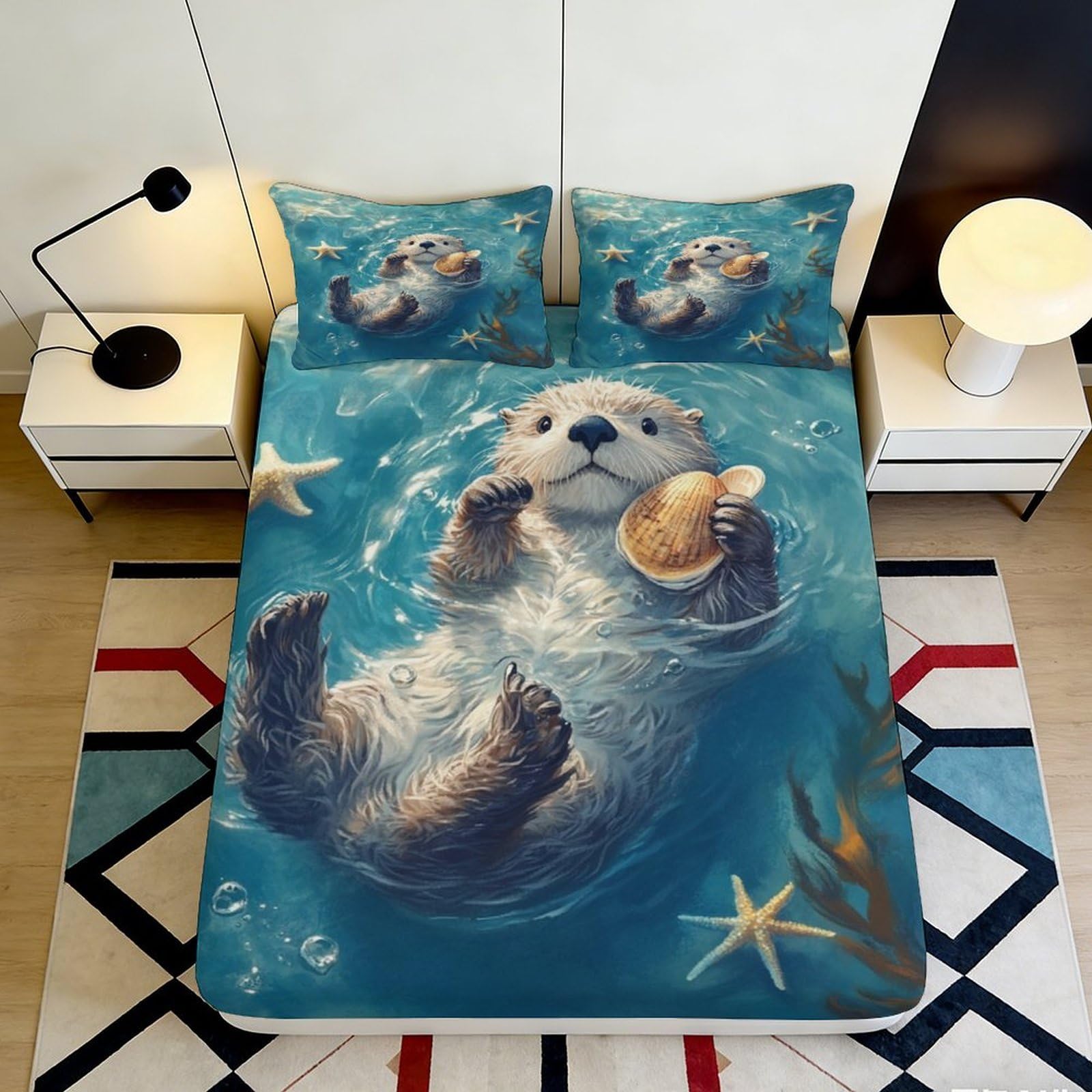 3D Printed Otter Ocean Fitted Sheet Microfiber Soft Decorative Starfish Bed Cover for Bedroom Dorm Easy Care 90x200x25cm
