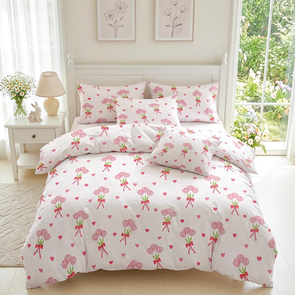 Covebett Pink King Duvet Cover Sets Pink Bows Heart Floral Tulips Flowers Print Aesthetic Bedding Set Teen Girls 3pcs Microfibre Quilt Cover 220x230 cm with Zipper Closure and 2 Pillowcase 50x75 cm โ image 1