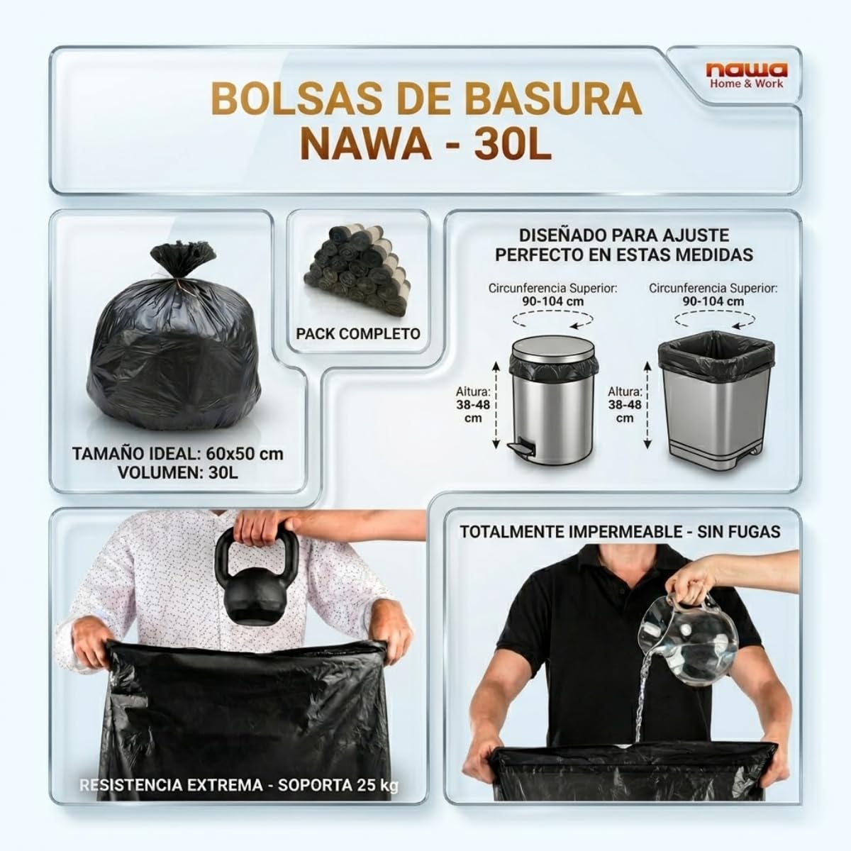 Bolsa basura 30l medidas 50x60cm | Pack 20 rollos de 25 uds. cada | 500 bolsas de basura 30l | Sacos de basura color negro