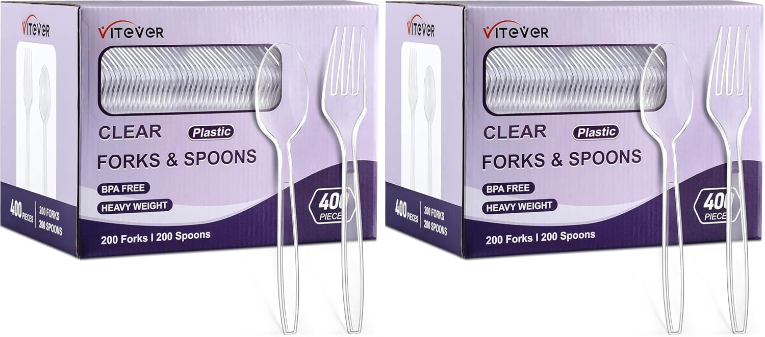 [400 Count] Clear Plastic Forks and Spoons Set Bulk - Heavy Duty Disposable Spoons and Forks Silverware, Plastic Utensils Cutlery Set for Party (Pack of 2)